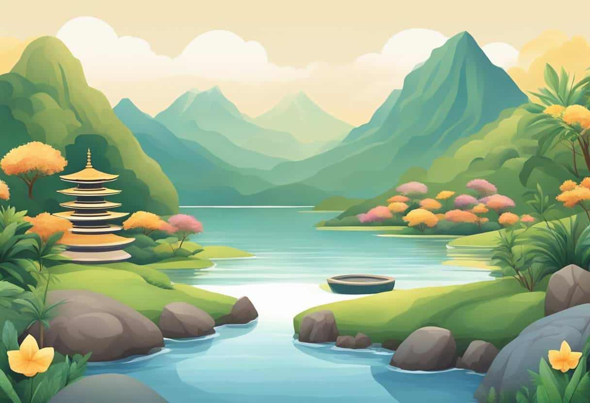 A serene landscape with various symbols of meditation: a tranquil garden, a peaceful beach, and a serene mountain