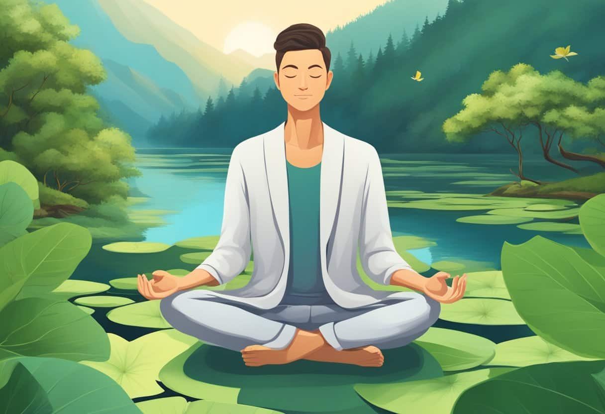 A serene landscape with a person meditating in lotus position, surrounded by nature and peaceful surroundings