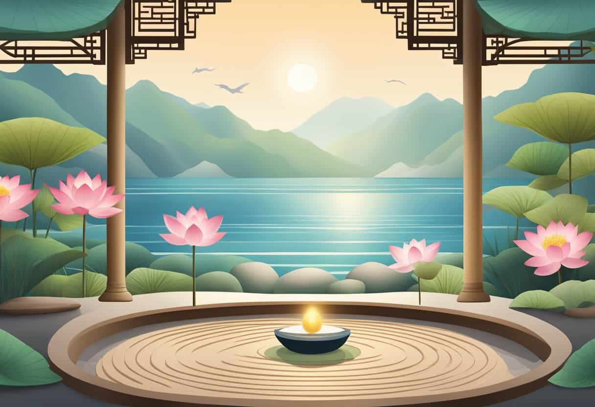 A serene setting with various symbols representing different types of meditation, such as a lotus flower, a zen garden, and a calming ocean view