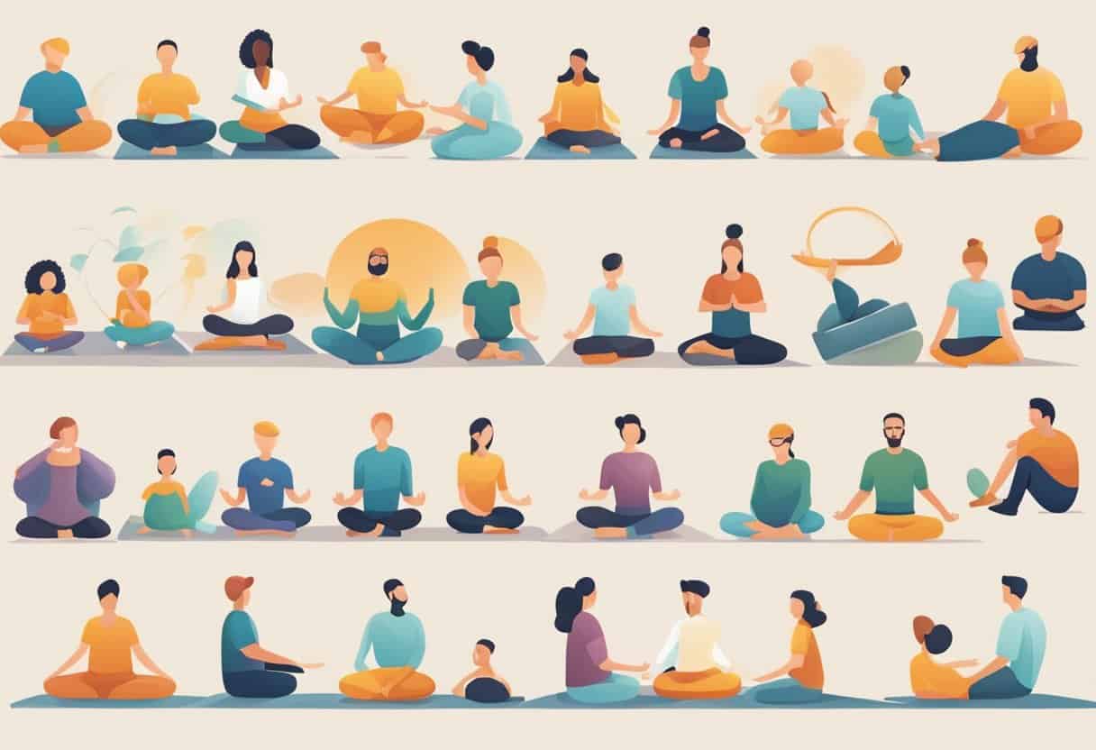 Various types of meditation: seated, walking, standing, and lying down. Different postures, settings, and environments