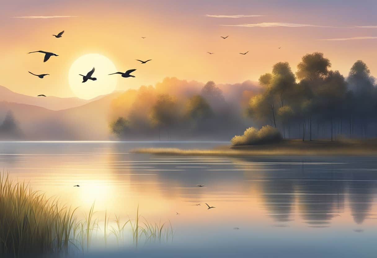 A serene sunrise over a calm lake, with birds chirping and the soft glow of the morning light