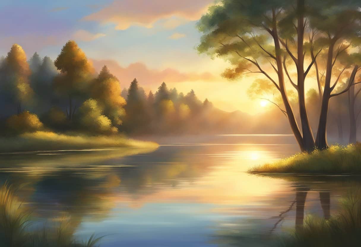 A serene setting at sunrise, with soft golden light filtering through the trees. A tranquil lake reflects the colorful sky, creating a peaceful atmosphere for meditation