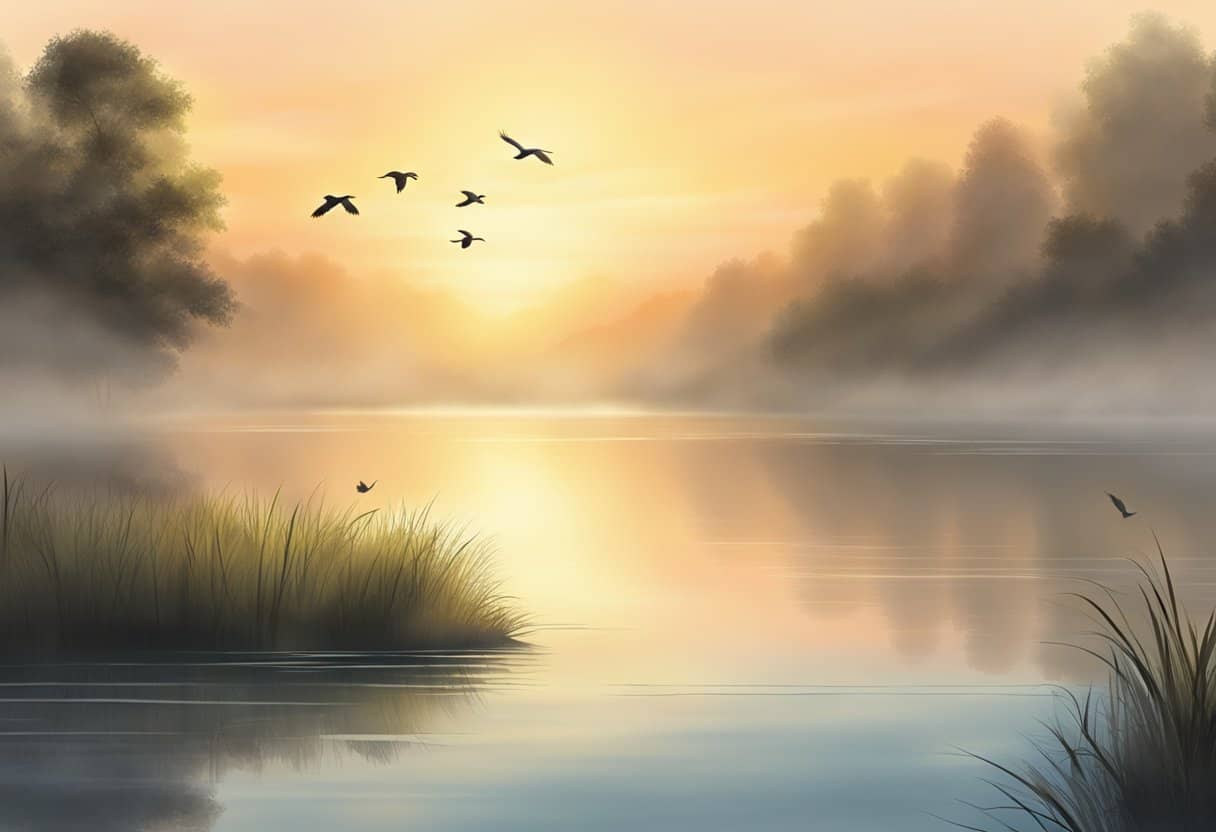 A serene sunrise over a tranquil lake, with mist rising from the water and birds softly chirping in the background