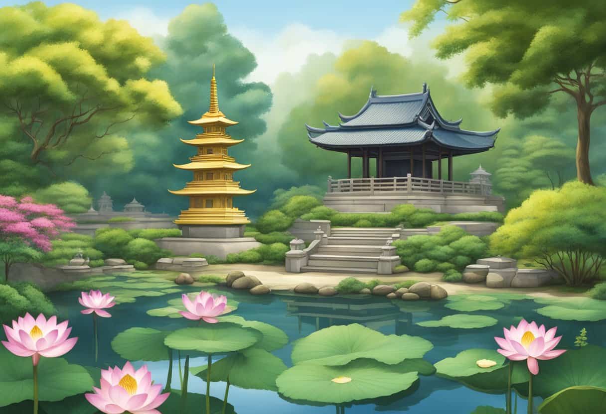 A serene garden with a pagoda, lotus pond, and meditating statues symbolizing Buddhism as a philosophy