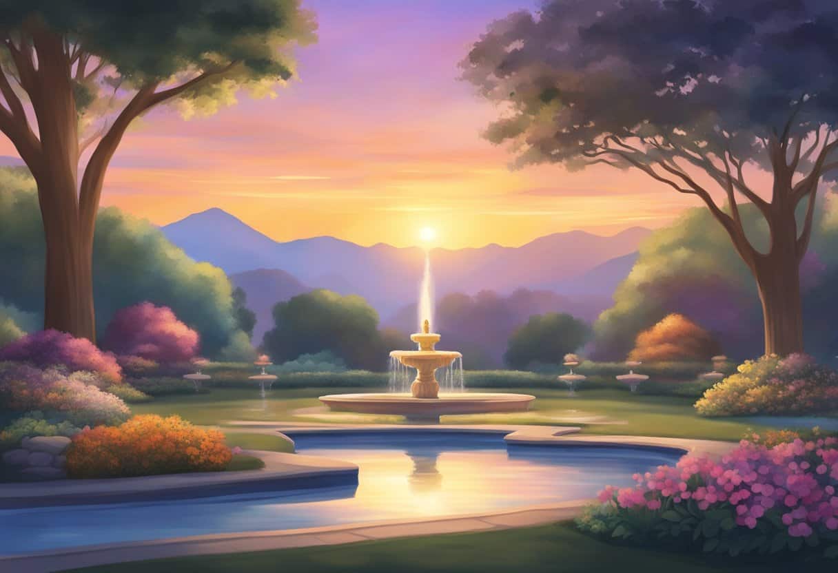 A serene sunset casts a warm glow over a tranquil garden, with gently swaying trees and a peaceful fountain, creating the perfect atmosphere for meditation