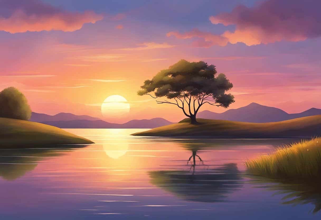 A serene sunset over a tranquil lake, with a lone tree silhouetted against the colorful sky, creating a peaceful and meditative atmosphere