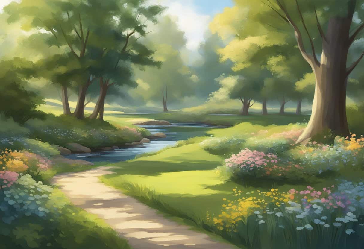 A serene setting with soft natural light filtering through trees, casting gentle shadows on a peaceful garden. A tranquil atmosphere, with birdsong and the sound of a flowing stream