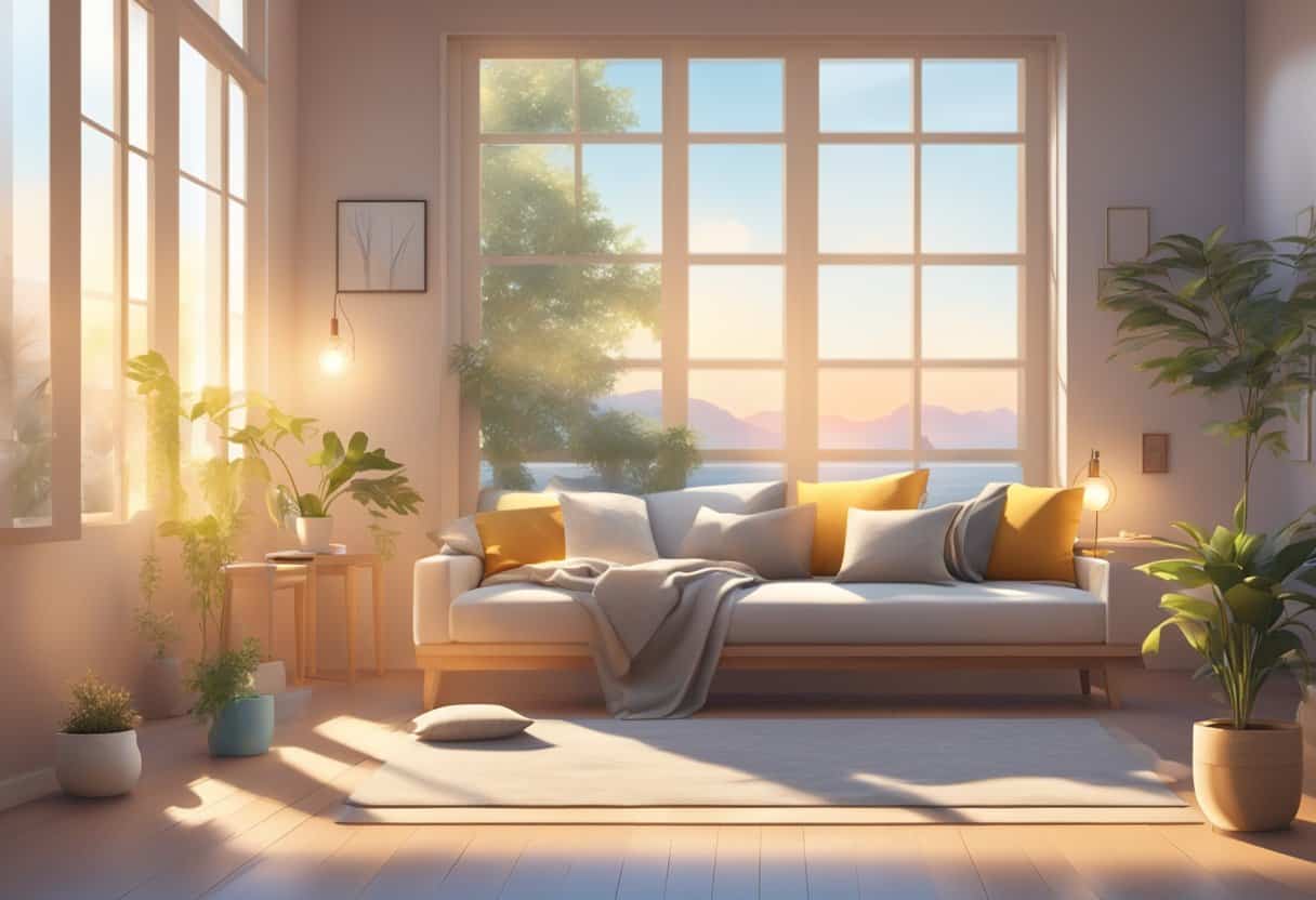 A serene, sunlit room with cushions and candles. A peaceful atmosphere with soft music playing. A sense of tranquility and stillness