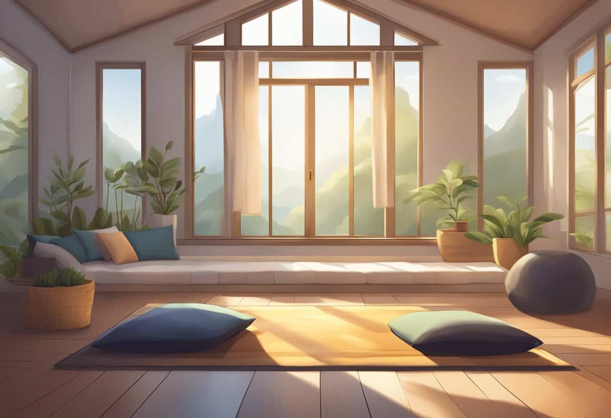 A serene setting with soft lighting, cushions on the floor, and a peaceful atmosphere for meditation