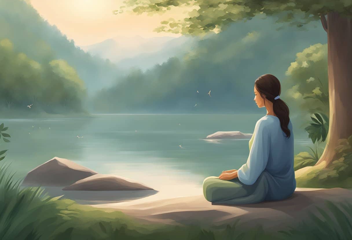 A serene figure sits in a peaceful setting, surrounded by nature. The atmosphere is calm, with gentle sounds and soothing colors, creating a sense of tranquility and inner peace