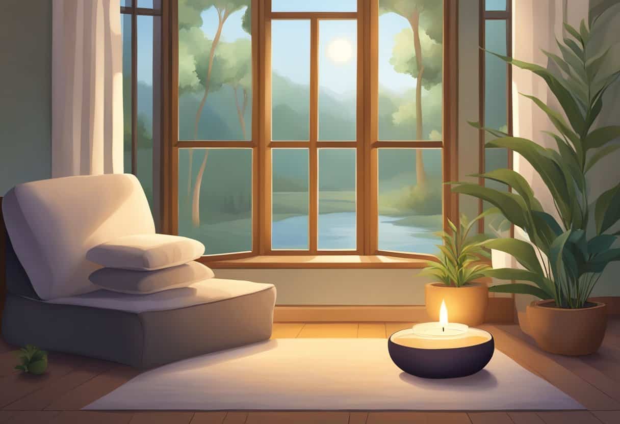 A serene setting with a cushion, lit candles, and soft natural light for a meditation scene
