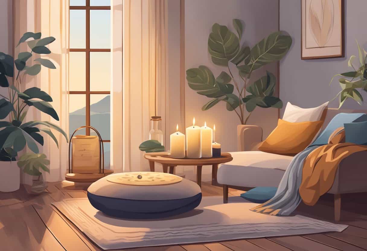 A serene setting with a timer showing the duration of a meditation practice, surrounded by calming elements like candles, incense, and a comfortable cushion