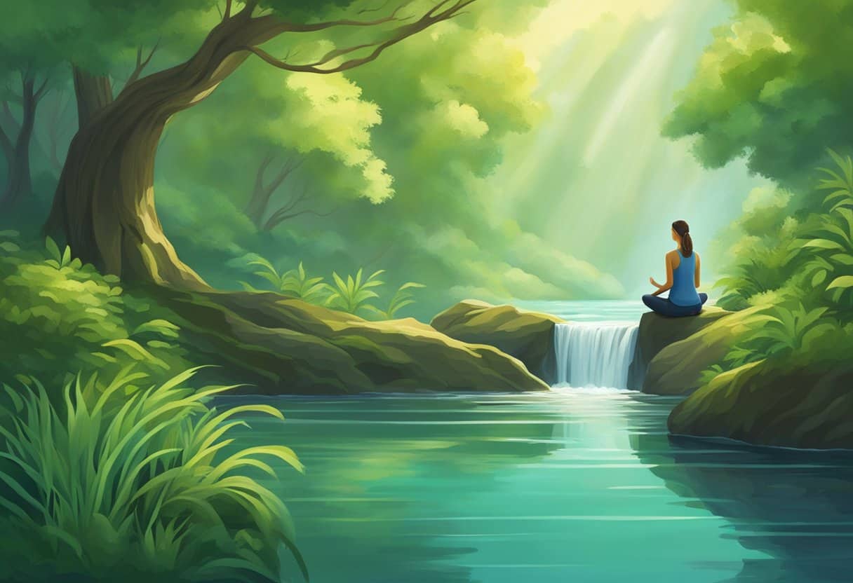 A serene figure meditates in a tranquil natural setting, surrounded by lush greenery and flowing water, reflecting the origins and evolution of meditation