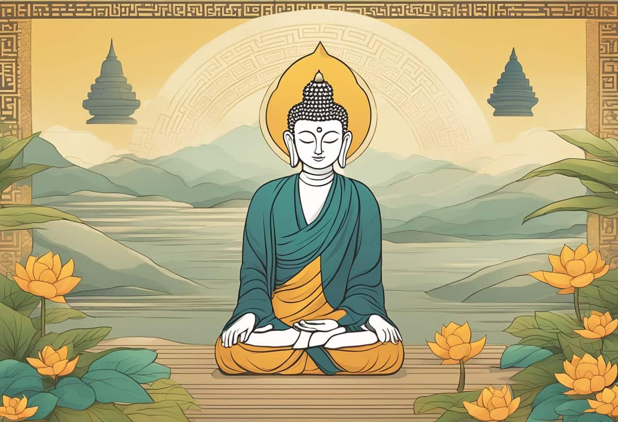 Buddhist symbols and texts arranged on a serene background, with a peaceful atmosphere