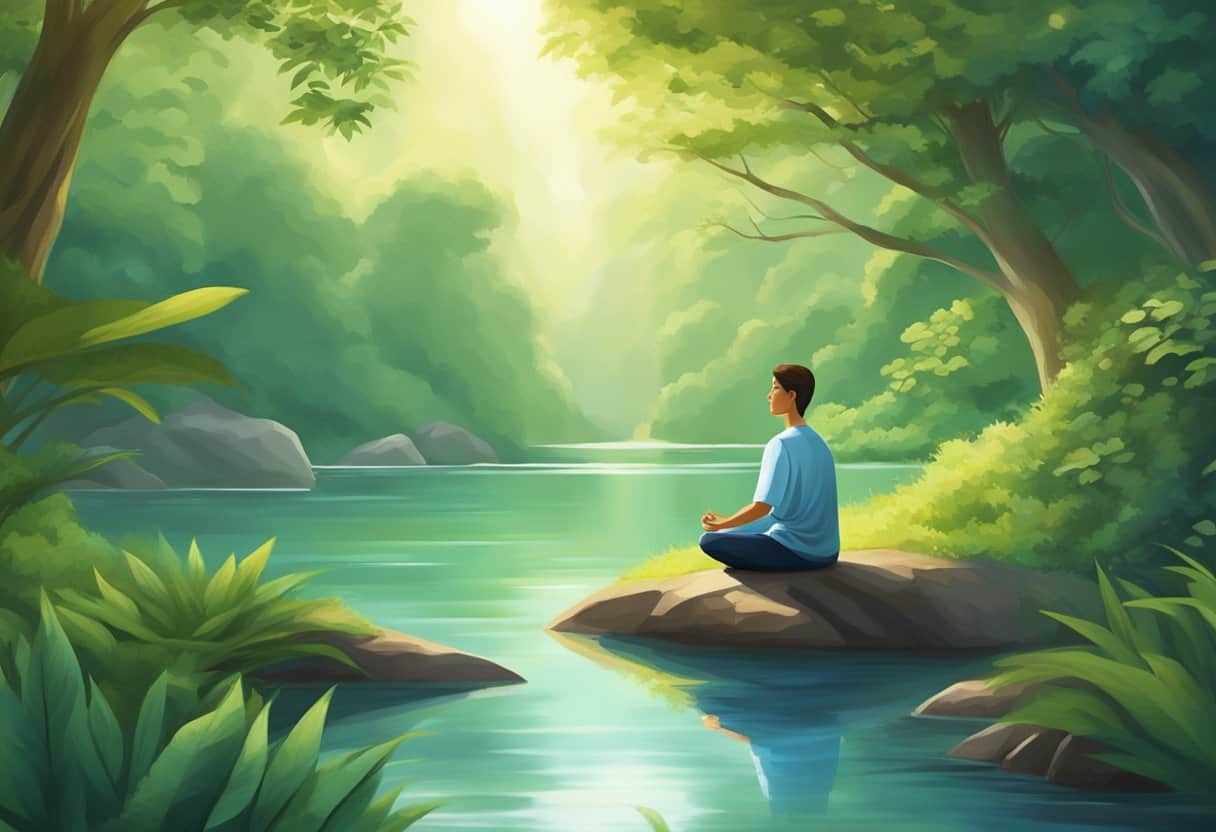 A serene figure meditates in a tranquil natural setting, surrounded by lush greenery and calm waters, radiating a sense of inner peace and tranquility