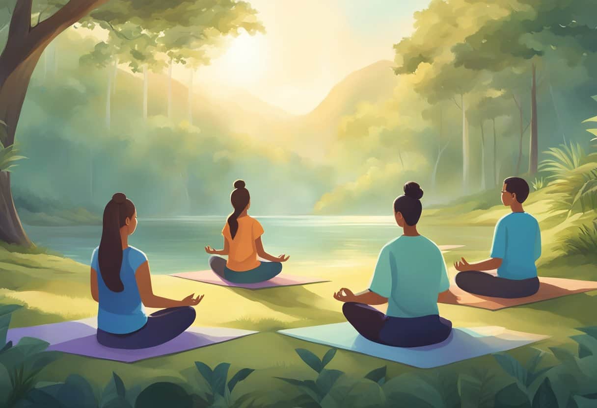 A serene setting with meditators in various poses, surrounded by nature and soft natural light