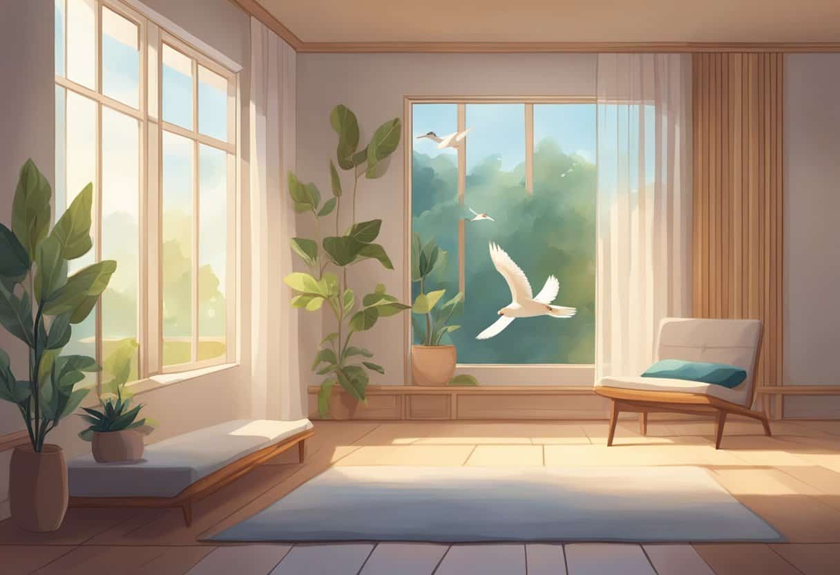 A serene room with soft lighting and a comfortable cushion for meditation. A gentle breeze flows through an open window, carrying the sound of birds chirping