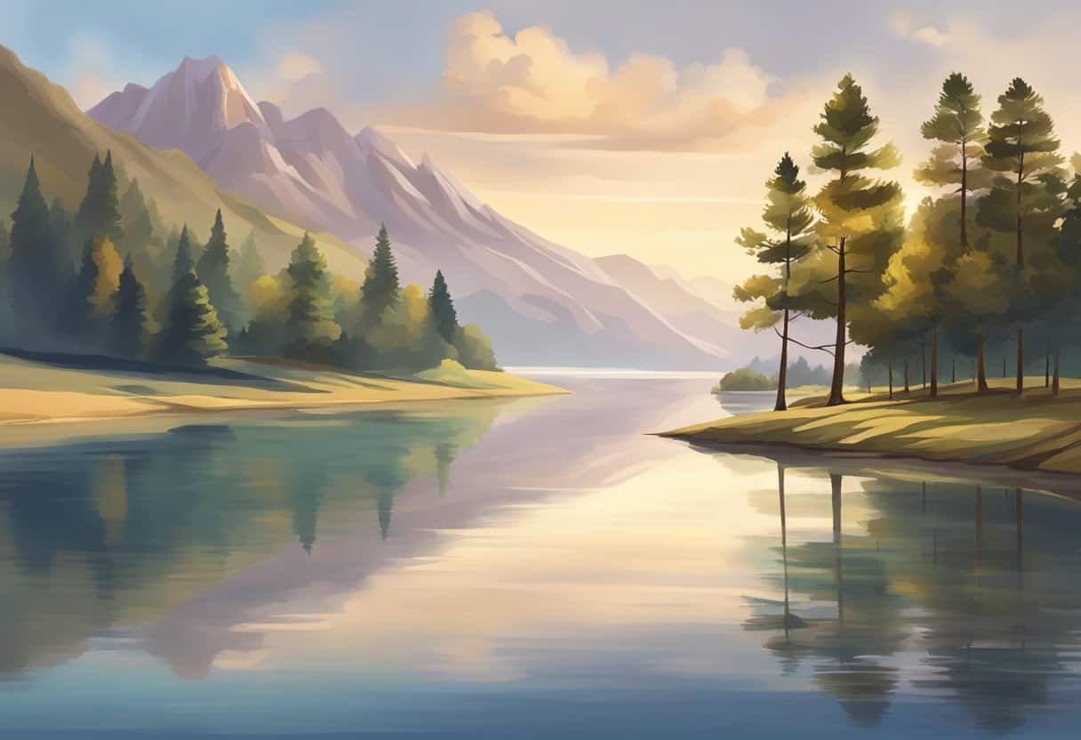 A serene landscape with a calm, clear lake reflecting the surrounding mountains. A gentle breeze rustles the trees, creating a sense of peace and stillness