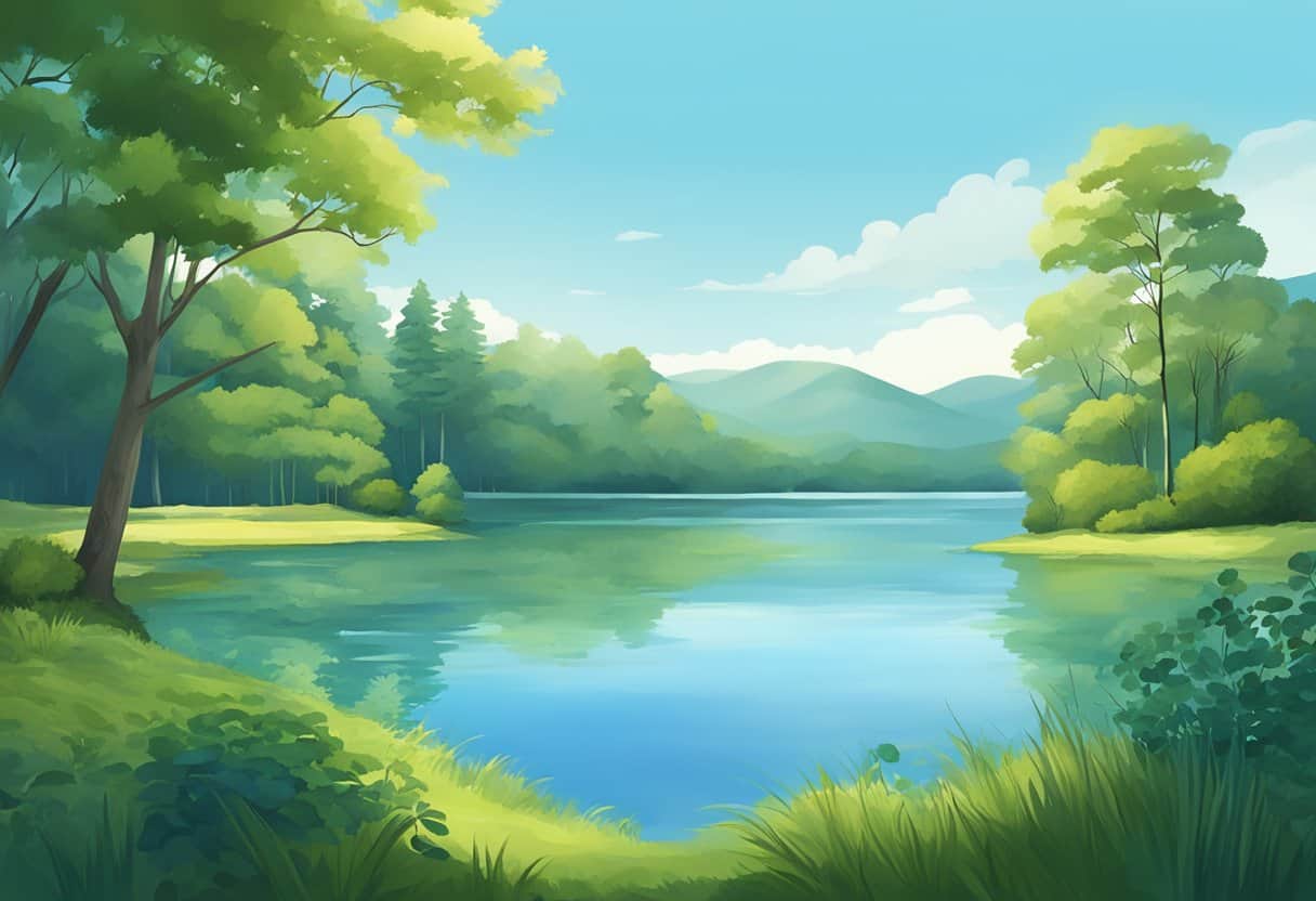 A serene lake surrounded by lush greenery, with a clear blue sky above