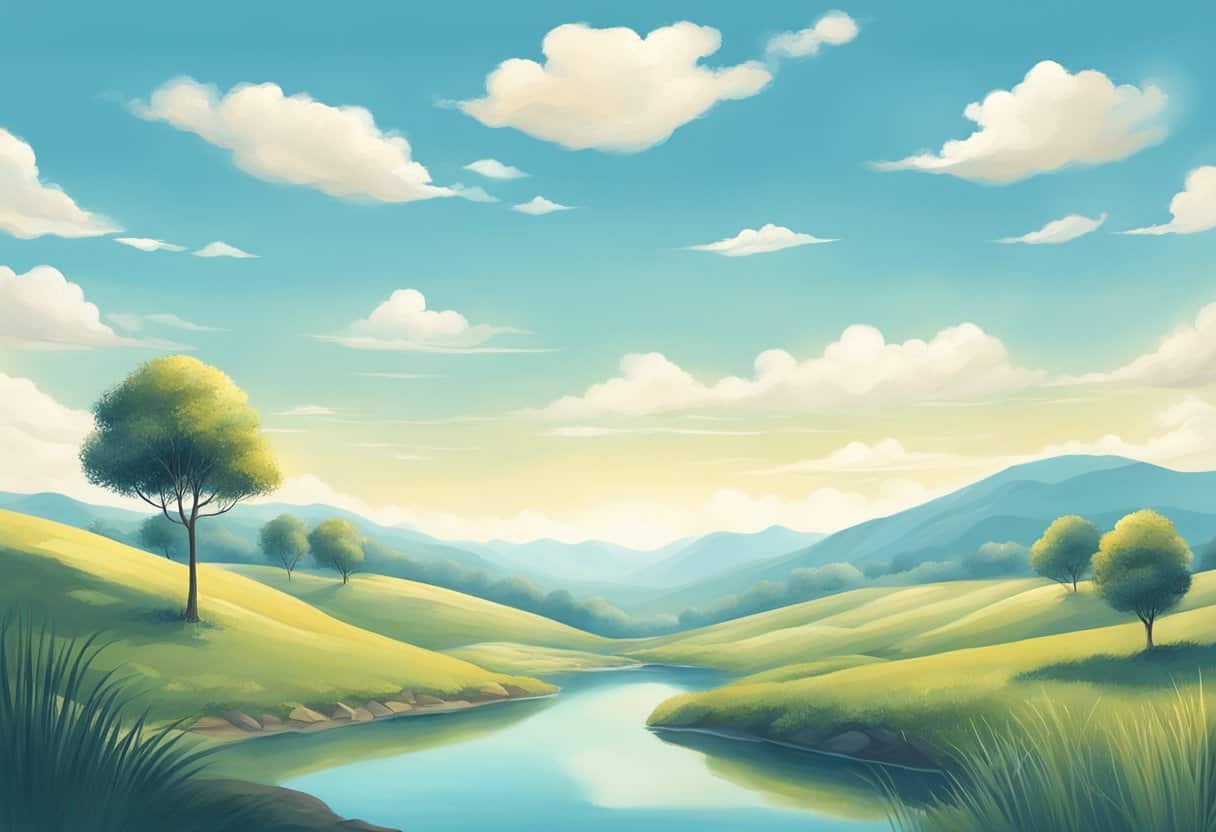 A blank mind hovers over a serene landscape, with a clear blue sky and tranquil surroundings