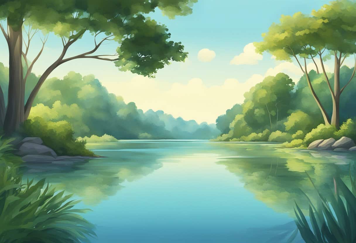 A serene natural setting with a calm, still body of water surrounded by lush greenery and a clear blue sky