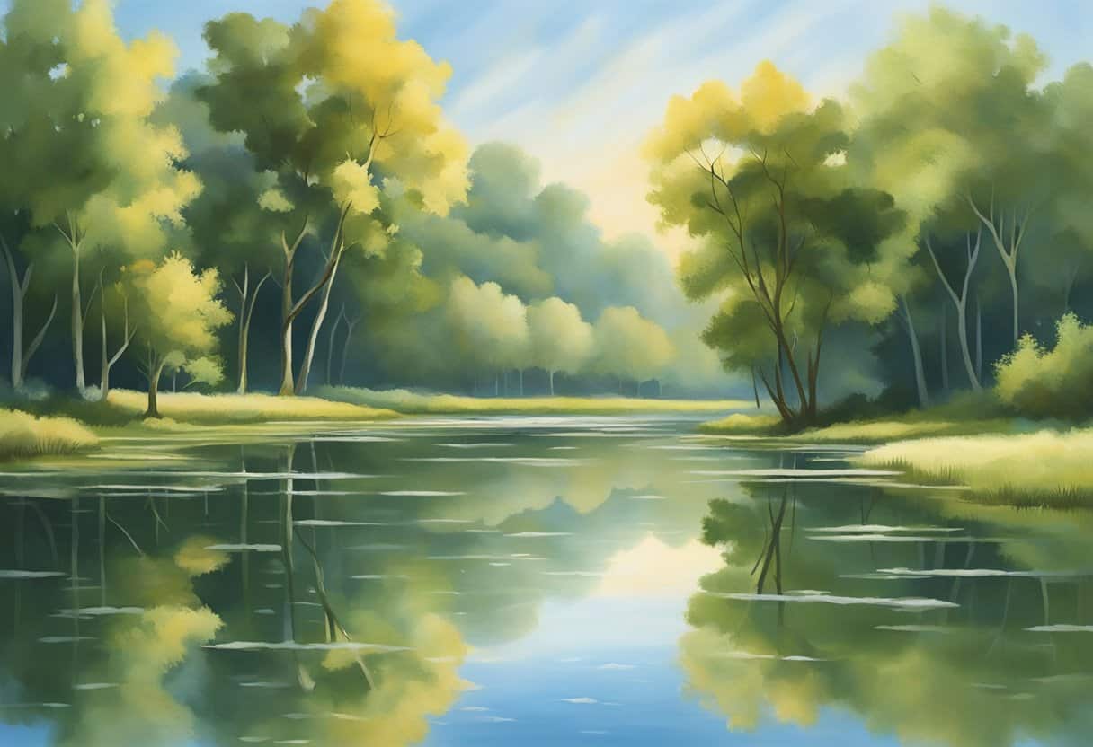 A serene landscape with a clear, still pond reflecting the surrounding trees and a cloudless sky. The scene evokes a sense of calm and tranquility, inviting the viewer to let go of their thoughts and find mental clarity