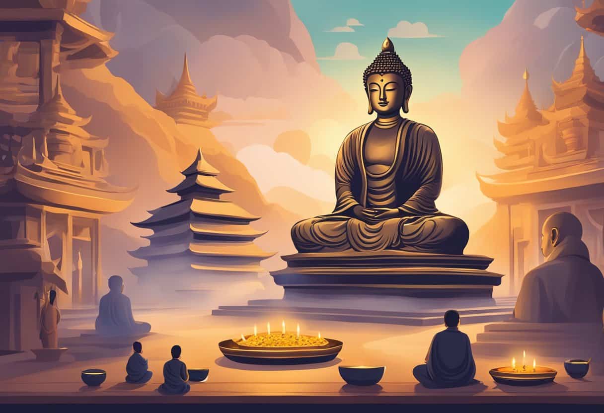 A serene temple with a golden Buddha statue surrounded by incense and flickering candles, with monks meditating in the background