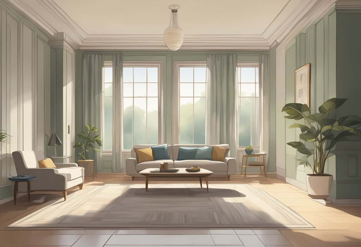 A serene, empty room with minimal furniture and no distractions, bathed in soft, natural light