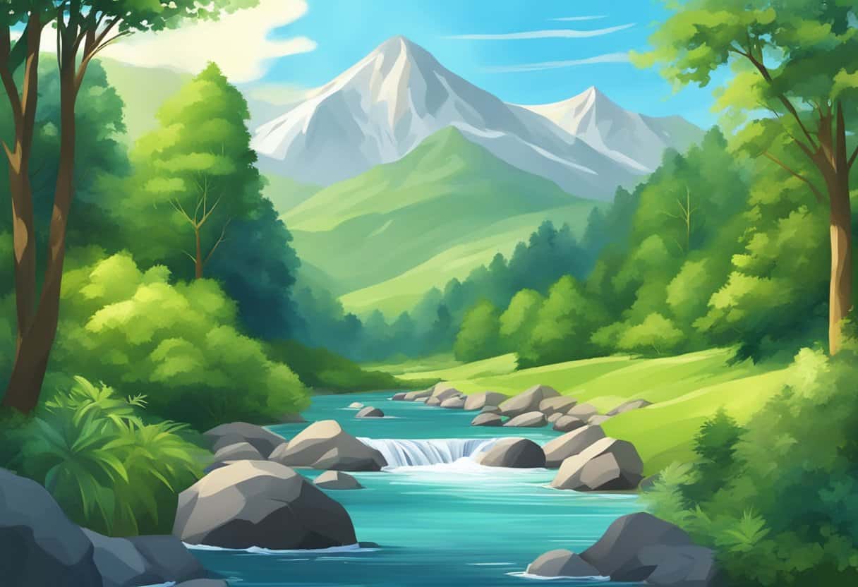 A serene mountain landscape with a peaceful river flowing through, surrounded by lush greenery and a clear blue sky