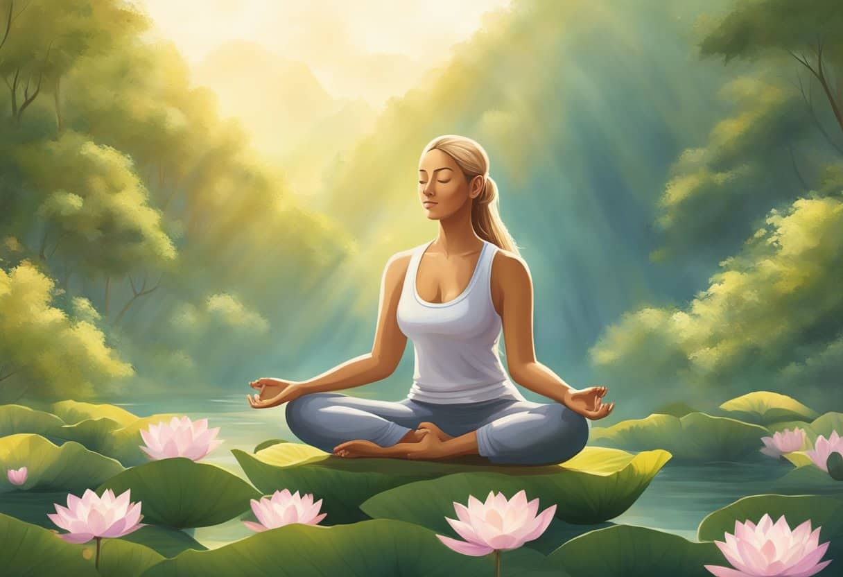 A serene figure meditates in lotus position, surrounded by nature and bathed in warm sunlight, embodying the practice of Yoga and the awareness of the self