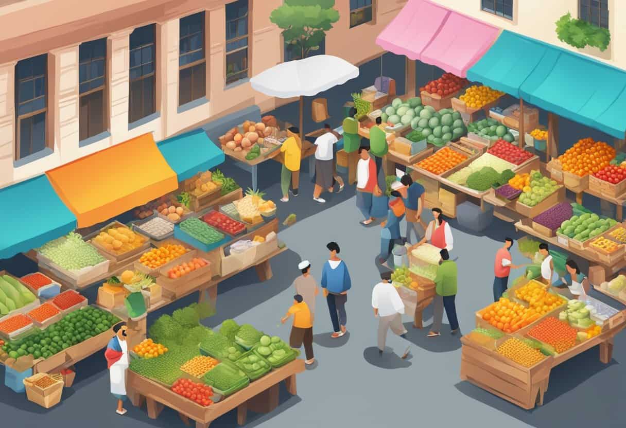 A bustling street market with colorful produce and vendors selling goods