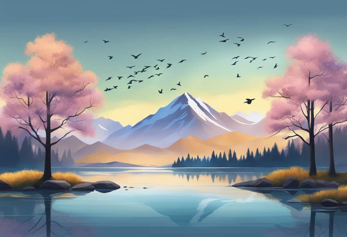 A serene mountain lake reflecting the surrounding peaks, with a lone tree on the shore and a flock of birds flying overhead