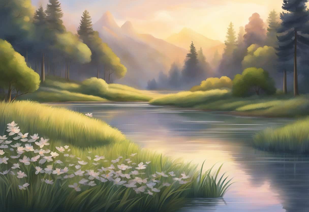 A serene setting with calming elements like nature, soft lighting, and peaceful surroundings, conveying the practice of mindfulness for anxiety and depression
