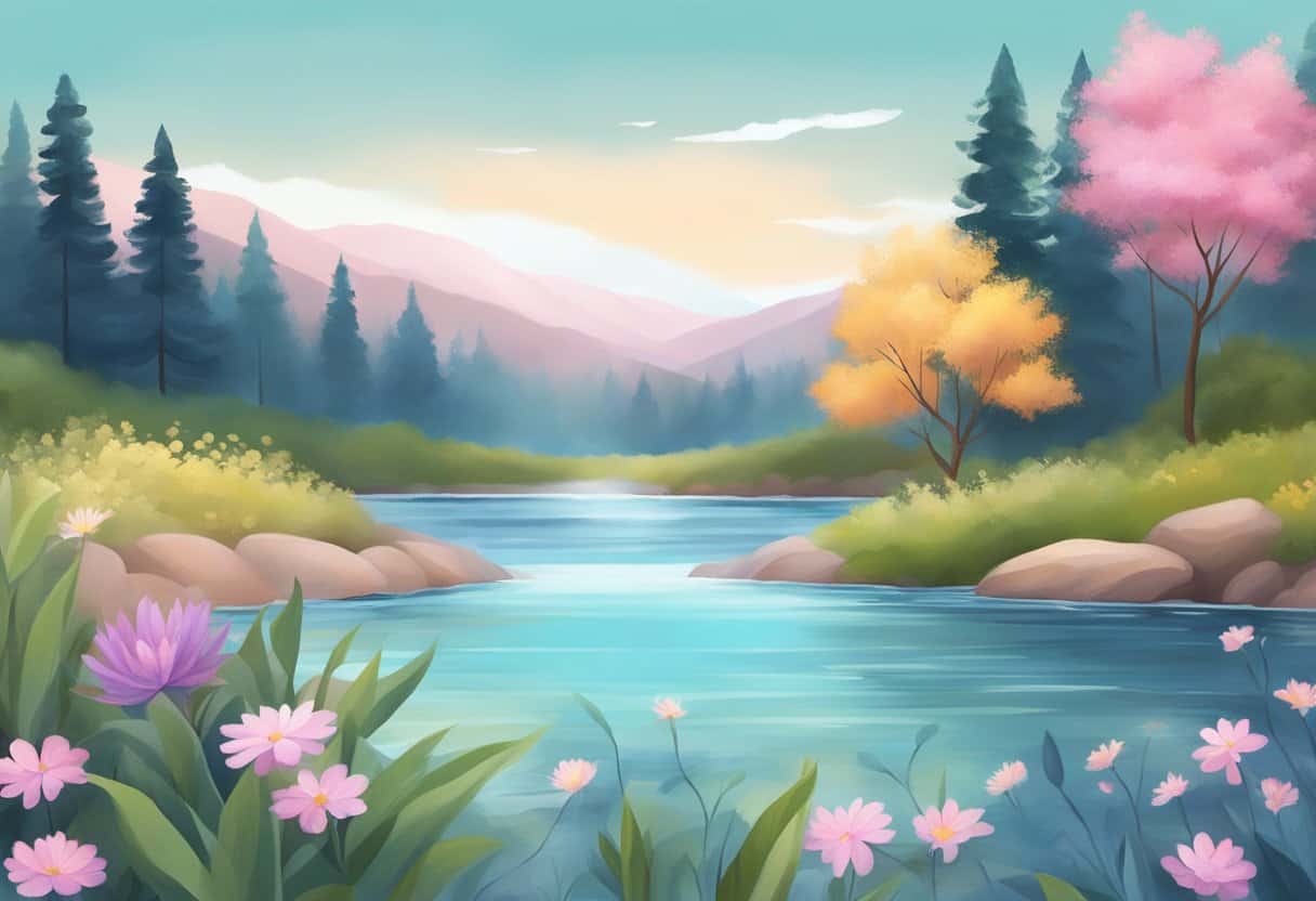 A serene setting with calming colors and natural elements, such as flowing water or blooming flowers, to represent mindfulness in the study of anxiety and depression