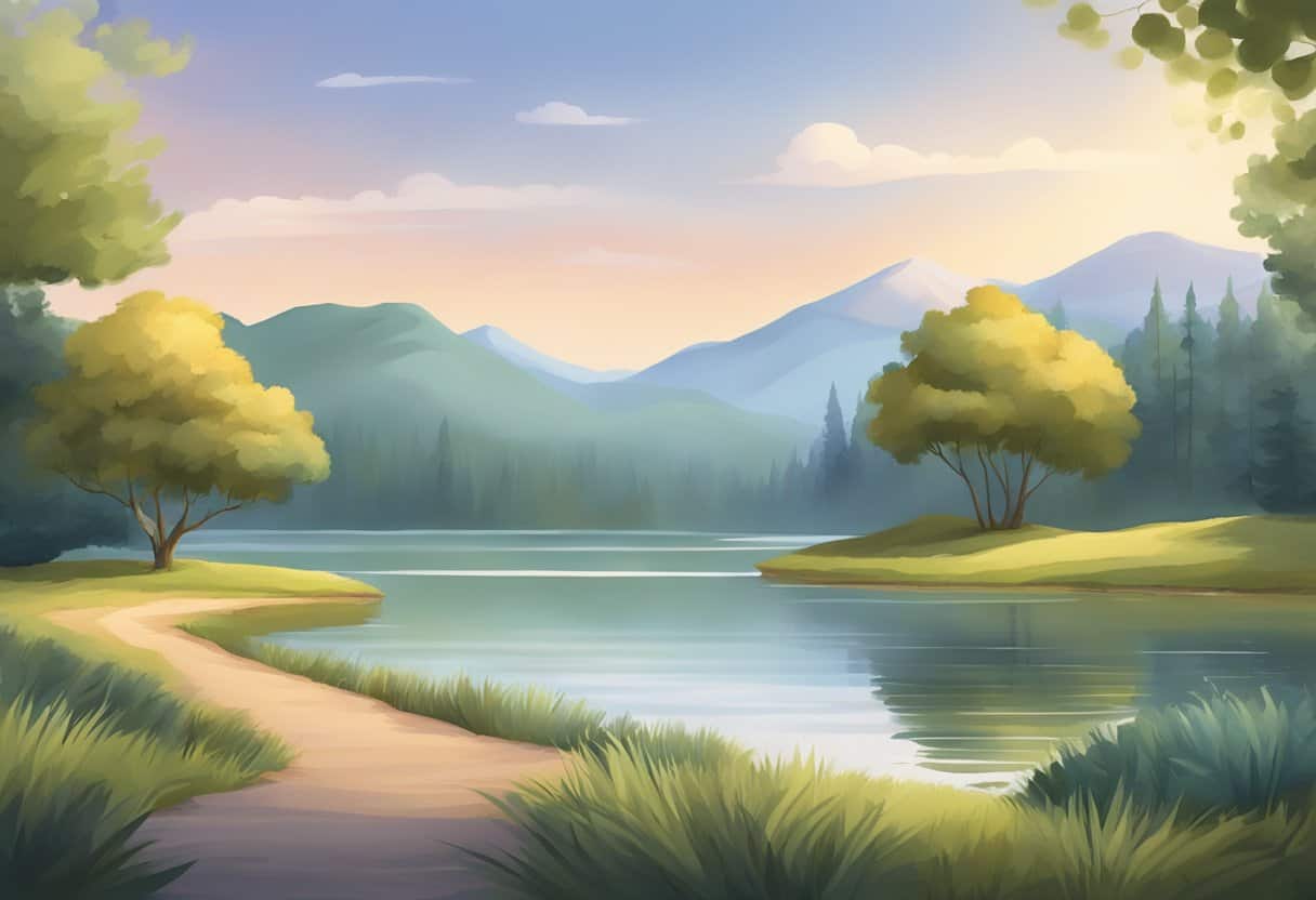 A serene, tranquil setting with calming elements like nature, soft lighting, and soothing colors to represent mindfulness and address anxiety and depression in the FAQ