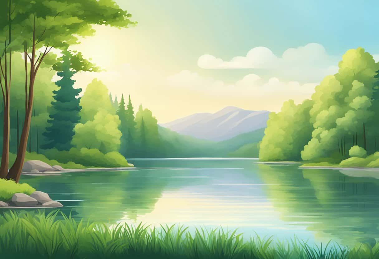 A serene nature scene with a calm lake, green trees, and a clear sky, representing mindfulness and its benefits for anxiety and depression