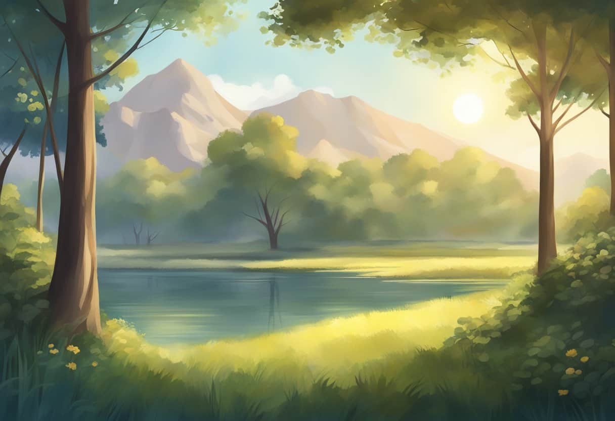 A tranquil setting with a calm, open space surrounded by nature, with gentle sunlight and a sense of peace and relaxation