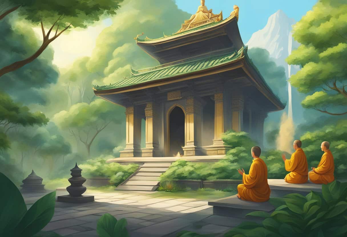 A serene temple surrounded by lush greenery, with incense wafting through the air as monks meditate and chant in the peaceful atmosphere