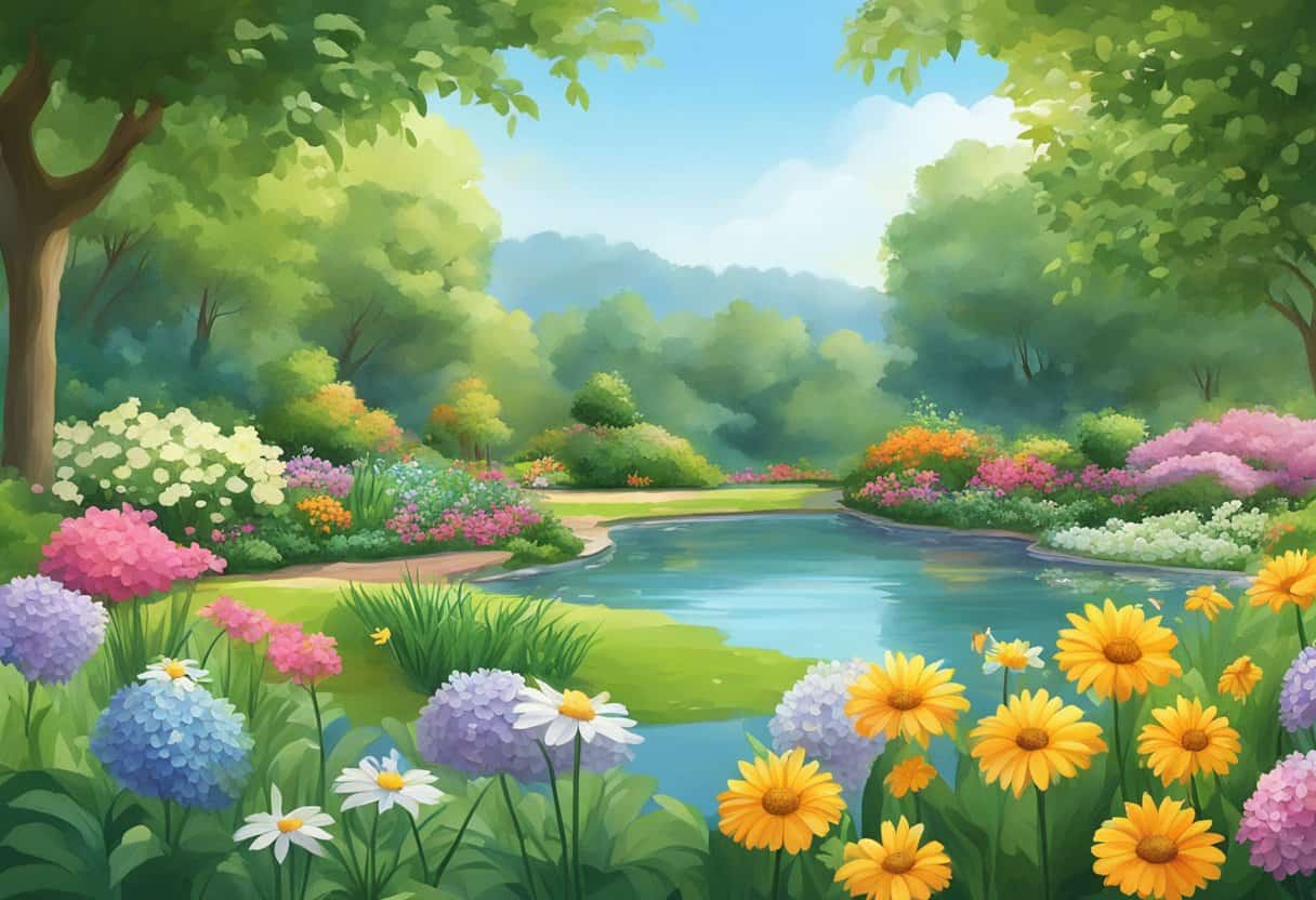A serene garden with a peaceful pond, surrounded by lush greenery and colorful flowers, under a clear blue sky