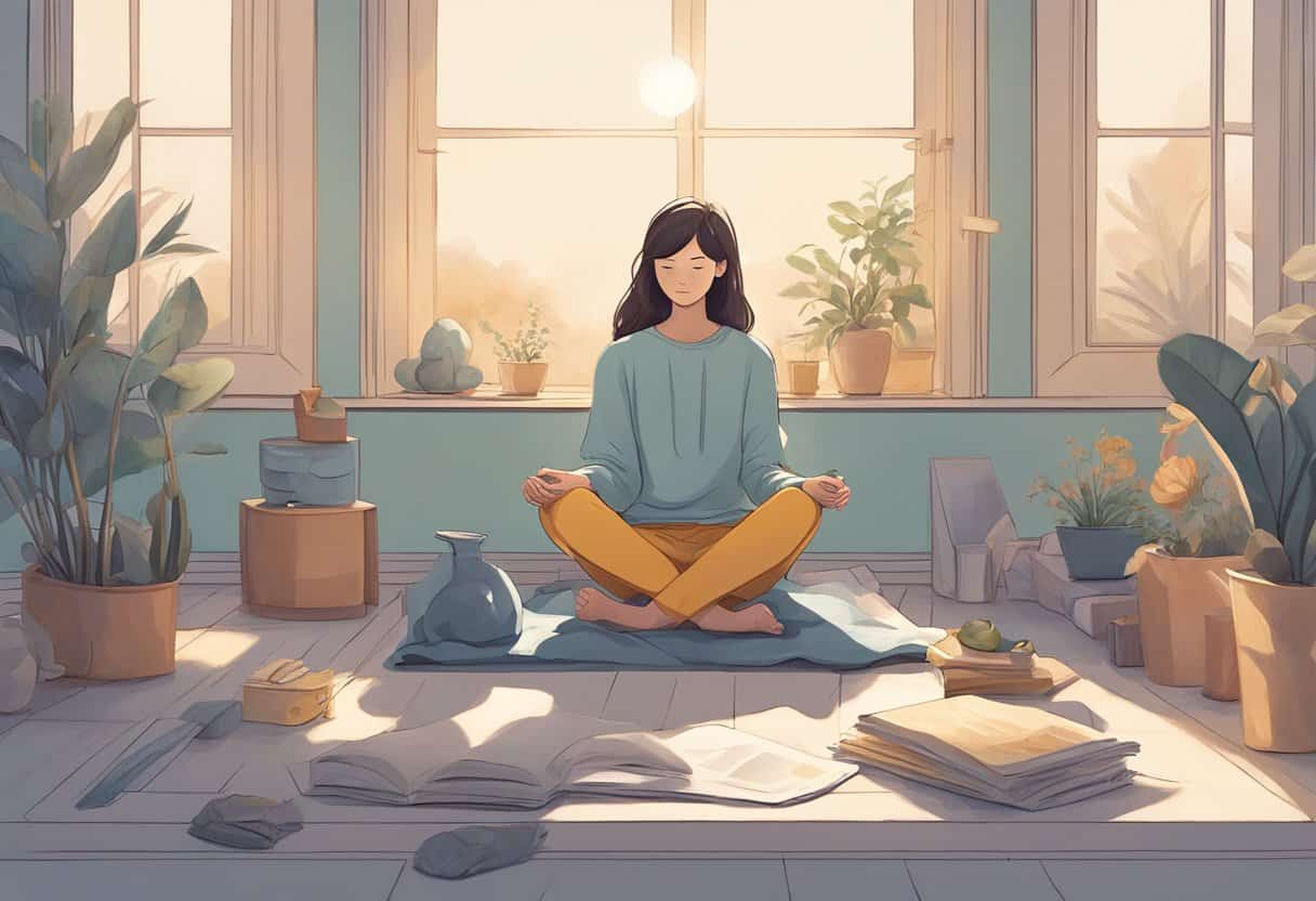 A serene figure sits cross-legged, surrounded by everyday objects. Soft light filters in, casting a peaceful glow over the scene