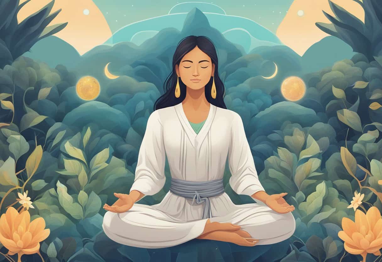 A serene figure meditates in a tranquil natural setting, surrounded by symbols of spiritual growth and deep connections