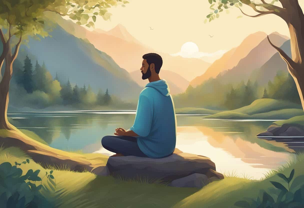 A figure sits cross-legged, surrounded by tranquil nature, deep in meditation, reflecting on spiritual significance