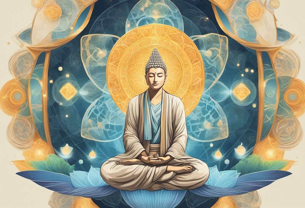 A serene figure meditates, surrounded by symbols of spirituality and enlightenment