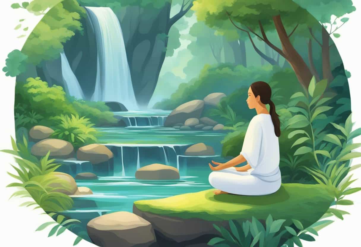 A serene figure meditates in a peaceful natural setting, surrounded by lush greenery and gentle flowing water