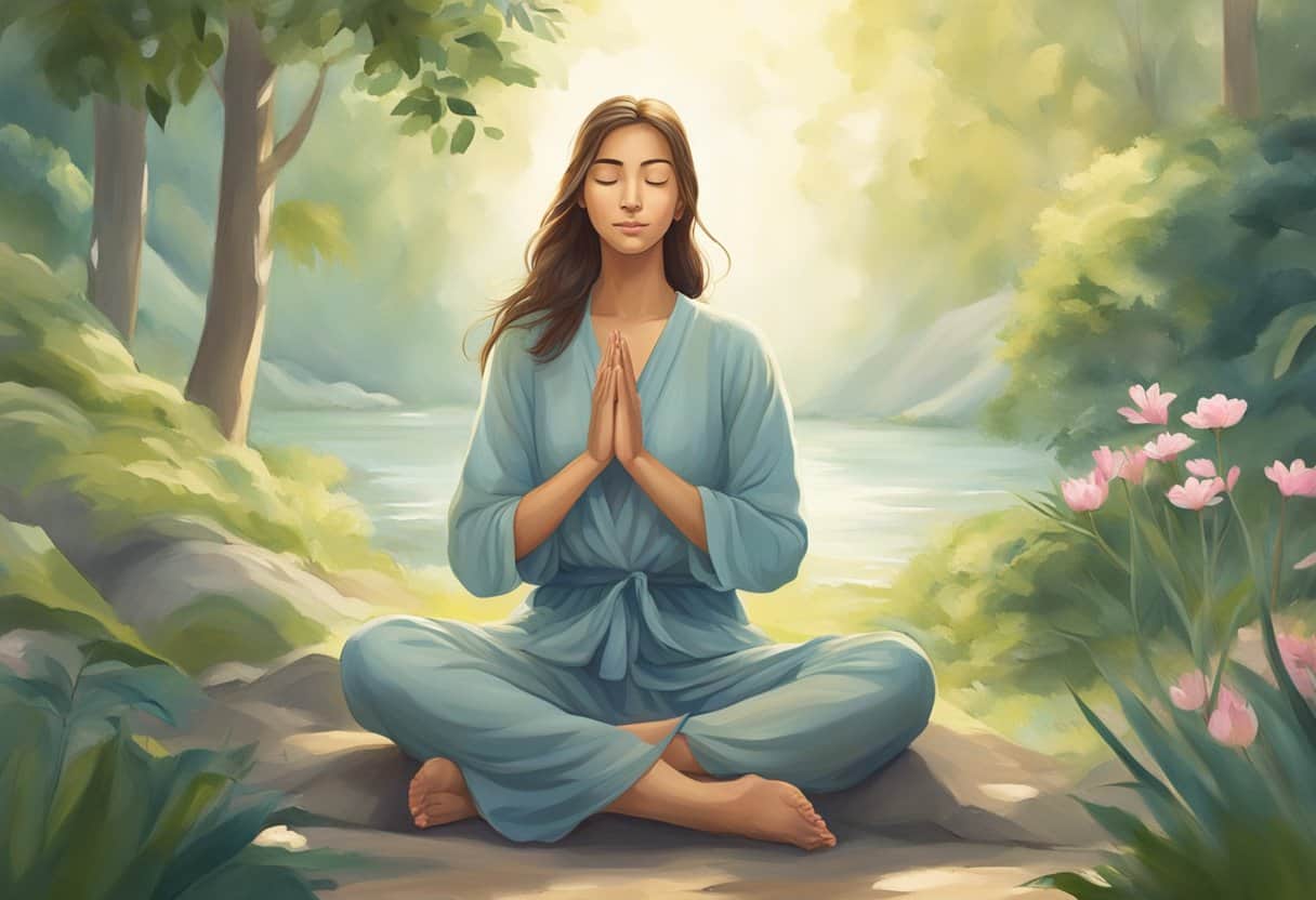 A serene figure sits cross-legged, surrounded by soft light and nature, with a sense of inner peace and spiritual connection