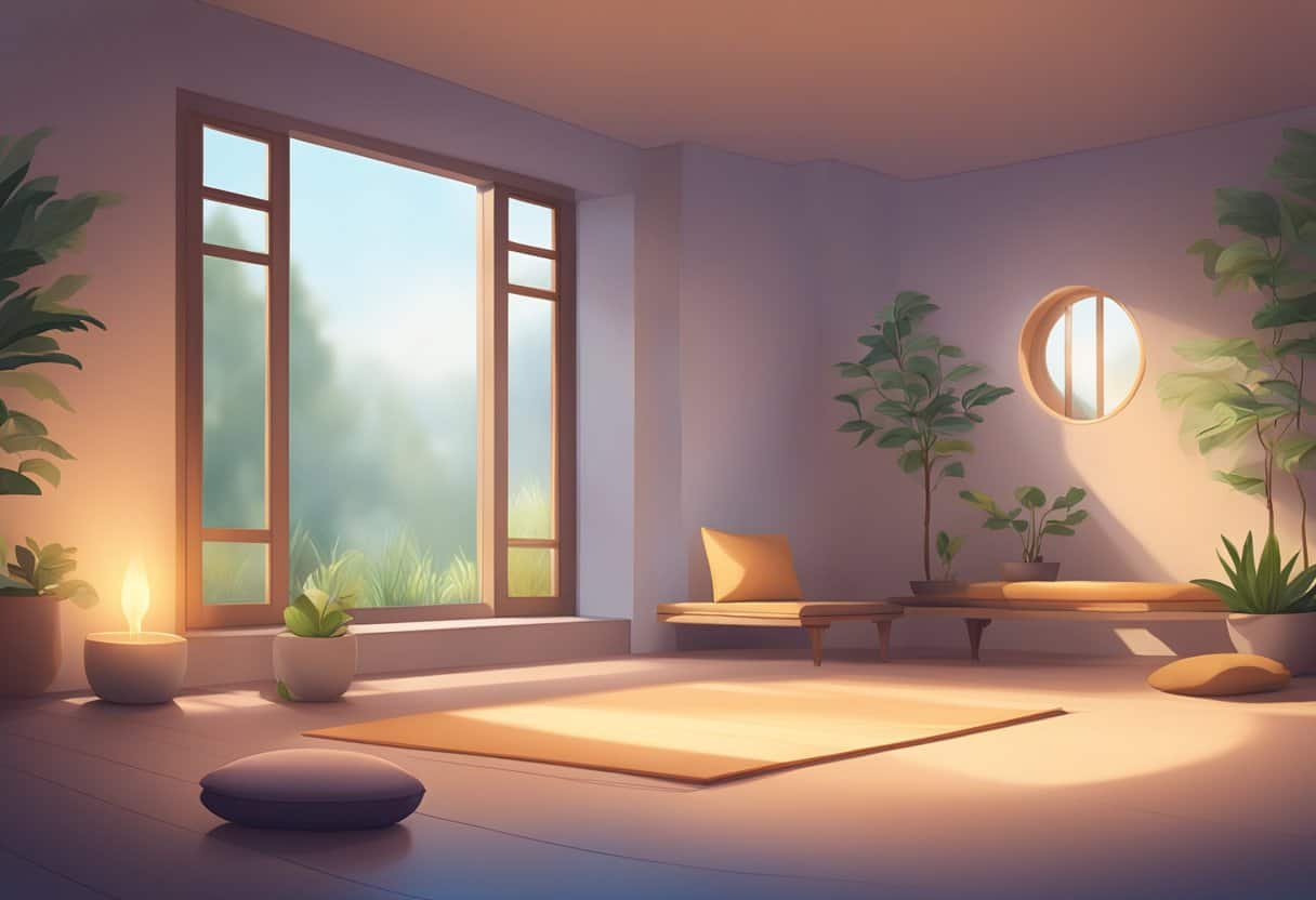 A serene meditation space with soft lighting, a cushion on the floor, and a peaceful atmosphere