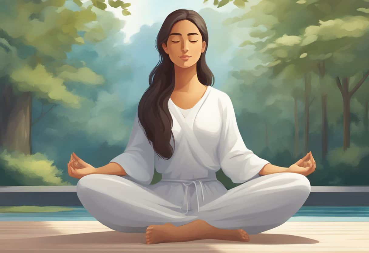 A serene figure sits cross-legged, surrounded by soft light and a peaceful atmosphere, with eyes closed and a calm expression, indicating the practice of meditation