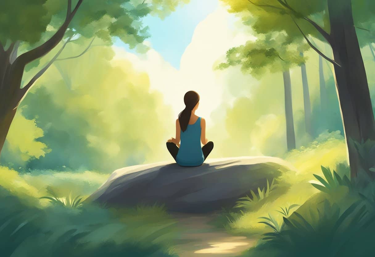 A serene figure sits cross-legged, eyes closed, surrounded by nature. The atmosphere is peaceful, with soft sunlight filtering through the trees