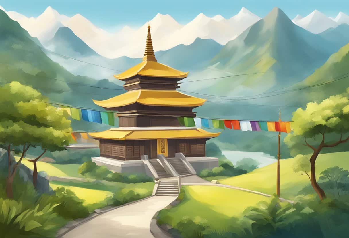 Buddhist temples in various landscapes around the world, with prayer flags and serene surroundings