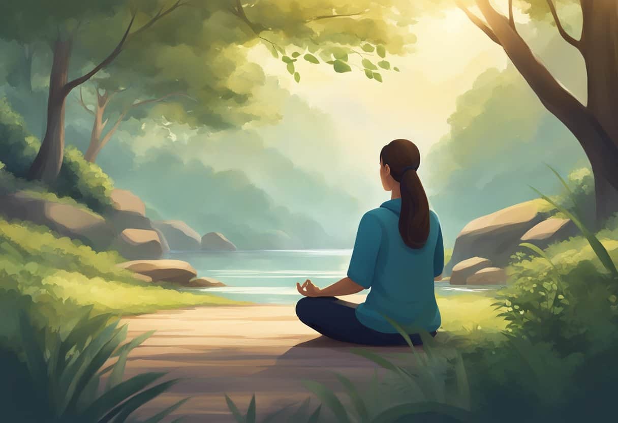 A peaceful setting with a person meditating, surrounded by nature and soft light, with a calm and serene expression